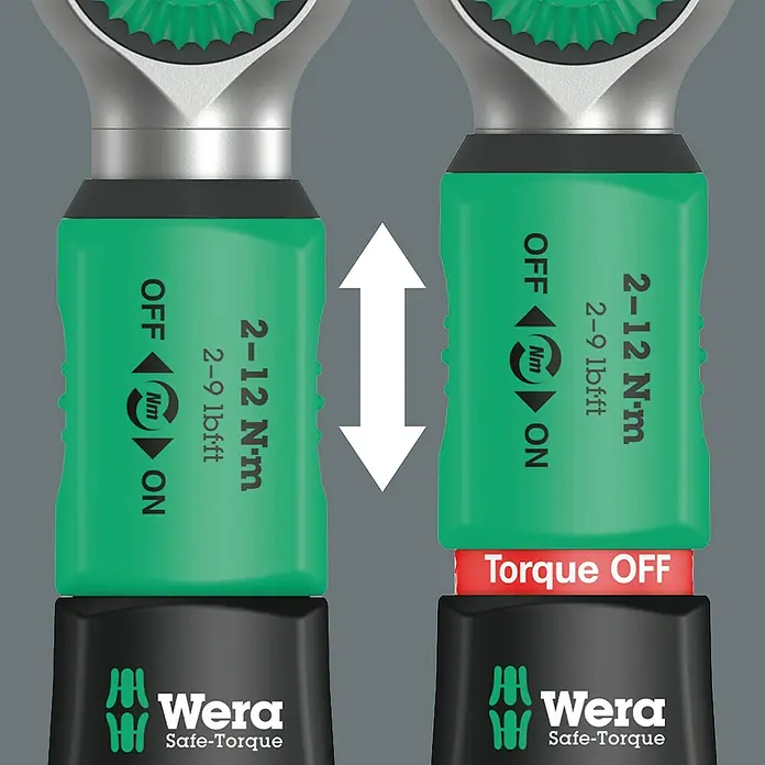 Wera Drehmomentschlüssel Safe-Torque A 2 - ¼″ Sechskant, 2 Nm - 12 Nm, 23 -tlg. - Nahaufnahme des Wera Safe-Torque Drehmomentschlüssels, der die „Off“- und „On“-Positionen des Drehmoments zeigt.