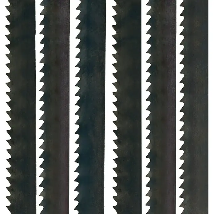 Wisent Ersatz-Sägeblätter - Stahl, Einsatzbereich: Holz, Blattlänge: 150 mm, 6 Stk. - Nahaufnahme von mehreren Metallsägeblättern mit scharfen Zähnen, die nebeneinander angeordnet sind. Ideal für Heimwerker und Handwerker.