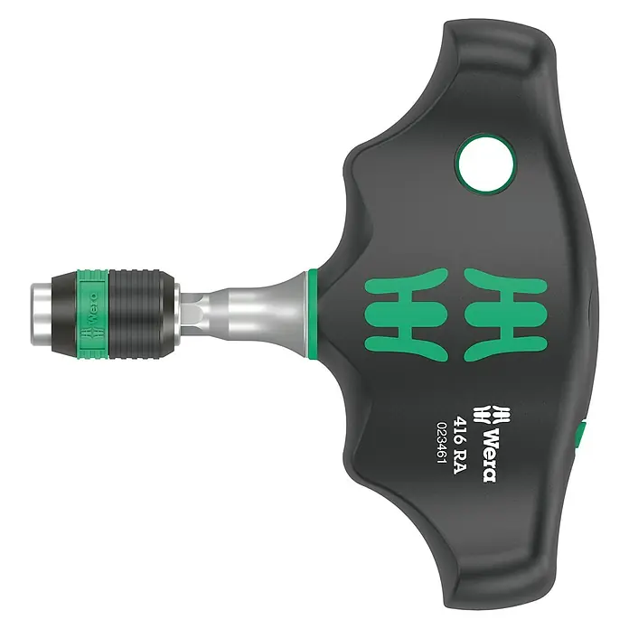 Wera Bit-Handhalterung 416 RA - ¼″ Außensechskant, Schnelldrehhülse, Rechts-/Linkslauf - Wera 416 RA Knarre mit T-Griff für hohe Drehmomentübertragung und ergonomischen Griff. Ideal für Schraubarbeiten.