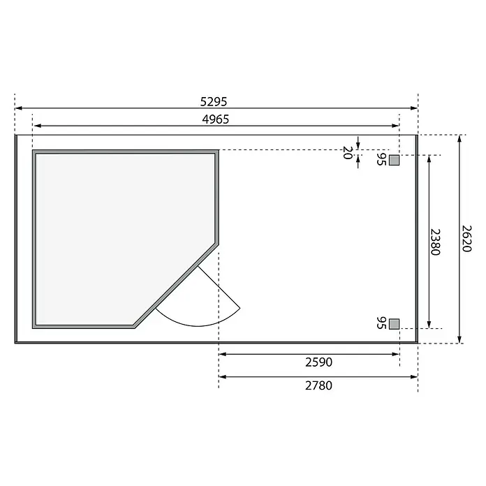 Karibu Gartenhaus Schwandorf 5 - Außenmaß inkl. Dachüberstand (B x T): 529,5 x 262 cm, Holz, Natur, Mit Anbaudach - Grundrisszeichnung eines Raumes mit Eckdusche und Maßangaben für Planung und Installation.