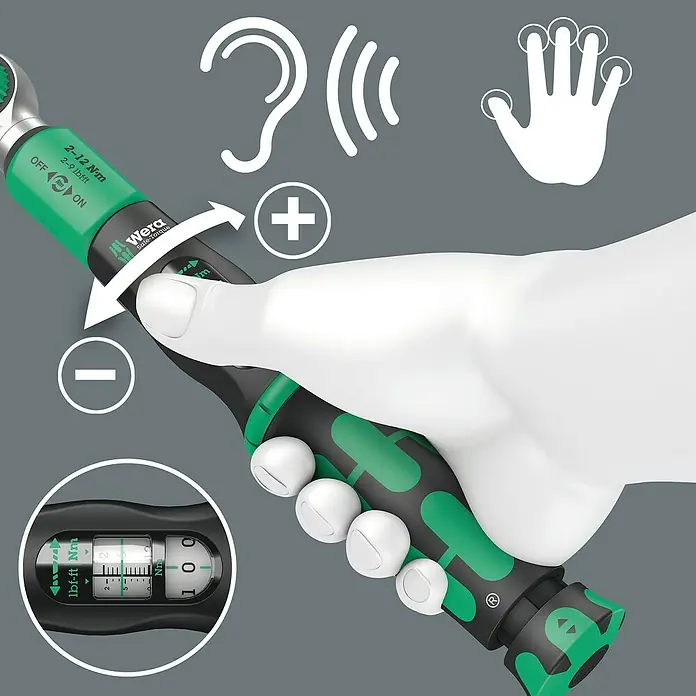 Wera Drehmomentschlüssel Safe-Torque A 2 - ¼″ Sechskant, 2 Nm - 12 Nm, 23 -tlg. - Nahaufnahme eines Wera Drehmomentschlüssels mit ergonomischem Griff und gut lesbarer Skala für präzise Drehmomentkontrolle.