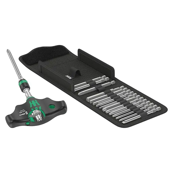 Wera Schraubendreher-Set Kraftform Kompakt - 17 -tlg., Antriebsgröße: ¼″ Außensechskant - Produktansicht eines Wera Werkzeugsatzes mit T-Griff und verschiedenen Bits, ideal für präzise Schraubarbeiten und vielfältige Anwendungen.