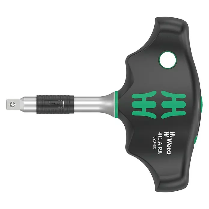 Wera Steckschlüsseleinsatz-Adapter 411 A RA - Rechts-/Linkslauf, Schnelldrehhülse, ¼″ - Wera 411 A RA Knarre mit T-Griff, ideal für Schraubarbeiten mit hoher Kraftübertragung und ergonomischem Griff.