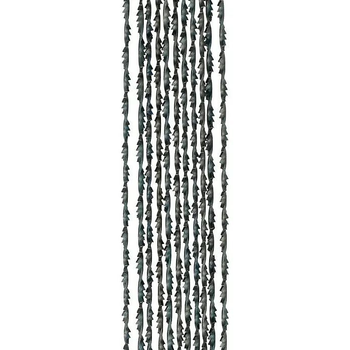 Wisent Laubsägeblätter - Fein spiralgedreht (Gr. 3), Einsatzbereich: Weichholz, Blattlänge: 130 mm, 12 Stk. - Dieses Bild zeigt eine Nahaufnahme einer dekorativen Kette aus silberfarbenen Elementen auf einem schwarzen Hintergrund, die für festliche Anlässe geeignet ist.