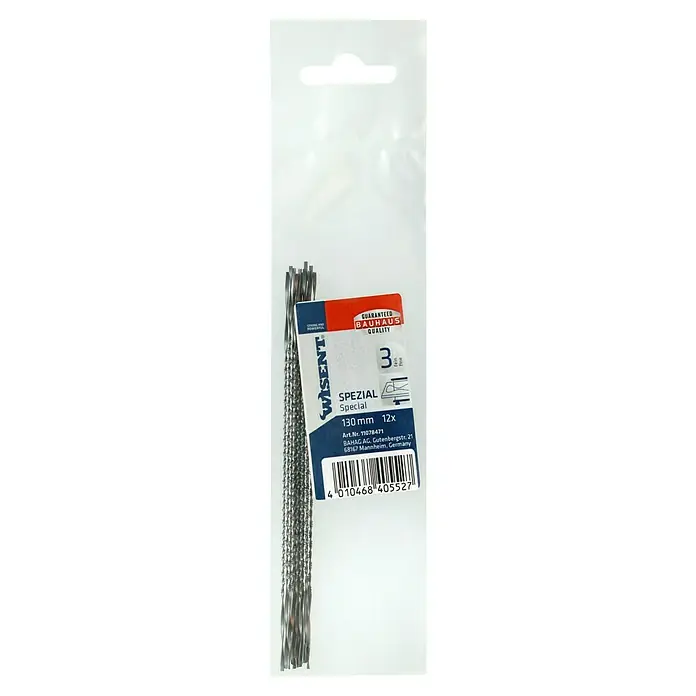 Wisent Laubsägeblätter - Fein spiralgedreht (Gr. 3), Einsatzbereich: Weichholz, Blattlänge: 130 mm, 12 Stk. - Eine Packung Wisent Spezial Sägeblätter, 130mm lang, 12 Stück, in einer durchsichtigen Verpackung mit rotem und blauem Etikett.