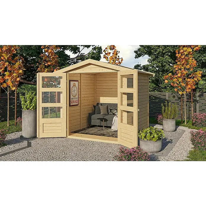 Karibu Gartenhaus Amberg - Außenmaß inkl. Dachüberstand (B x T): 213 x 197 cm, Holz, Natur - Geräumiges Gartenhaus aus Holz mit offen stehenden Doppeltüren, eingerichtet mit einem Sofa und dekoriert mit Pflanzen.
