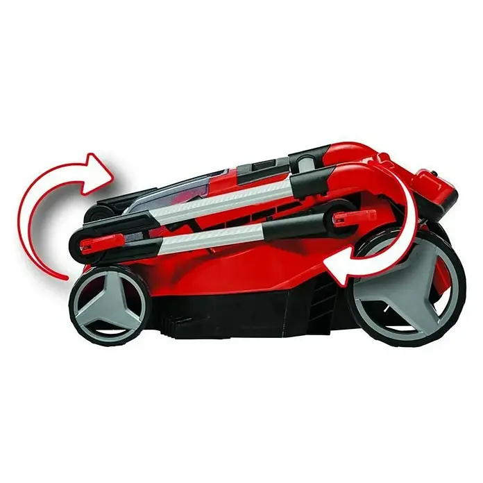Einhell Power X-Change 18V Akku-Rasenmäher Rasarro 36/36 - 36 V, 2 Akkus, 3 Ah, Schnittbreite: 36 cm - Bild eines zusammengeklappten Rasenmähers in Rot und Schwarz, der die kompakte Lagerung hervorhebt. Pfeile zeigen den Faltmechanismus.
