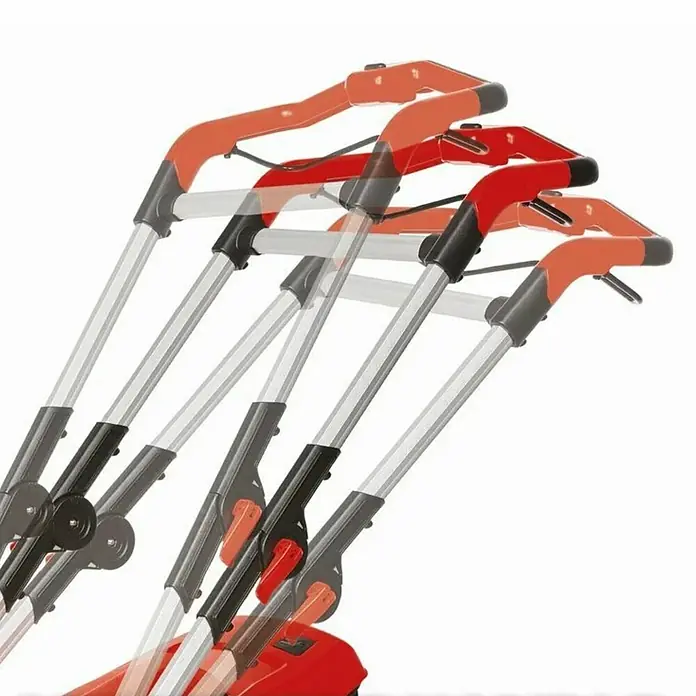 Einhell Power X-Change 18V Akku-Rasenmäher Rasarro 36/36 - 36 V, 2 Akkus, 3 Ah, Schnittbreite: 36 cm - Detailaufnahme des verstellbaren Griffs eines roten Gartenhäcksler, der Flexibilität und Komfort bei der Gartenarbeit bietet.