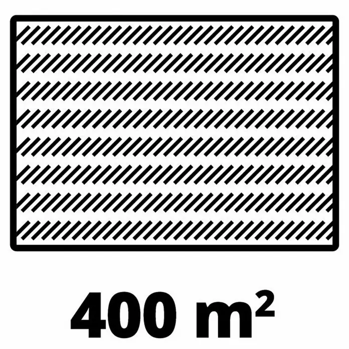 Einhell Power X-Change 18V Akku-Rasenmäher Rasarro 36/36 - 36 V, 2 Akkus, 3 Ah, Schnittbreite: 36 cm - Symbol für eine Fläche von 400 m², dargestellt durch eine schraffierte Fläche.