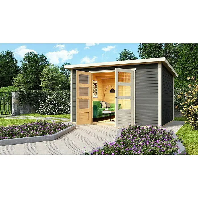 Karibu Gartenhaus Stockach 5 - Außenmaß inkl. Dachüberstand (B x T): 330 x 282 cm, Holz, Terragrau - Das moderne Gartenhaus bietet mit seinen Doppeltüren einen einladenden Blick in den gemütlichen Innenraum. Die graue Holzverkleidung fügt sich gut in den Garten ein.