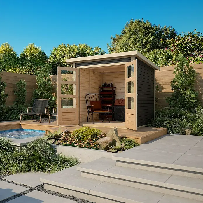 Karibu Gartenhaus Stockach 4 - Außenmaß inkl. Dachüberstand (B x T): 282 x 282 cm, Holz, Terragrau - Einladendes Gartenhaus mit offenstehenden Türen, das einen gemütlichen Rückzugsort am Pool bietet. Praktische Aufbewahrungslösung für den Außenbereich.