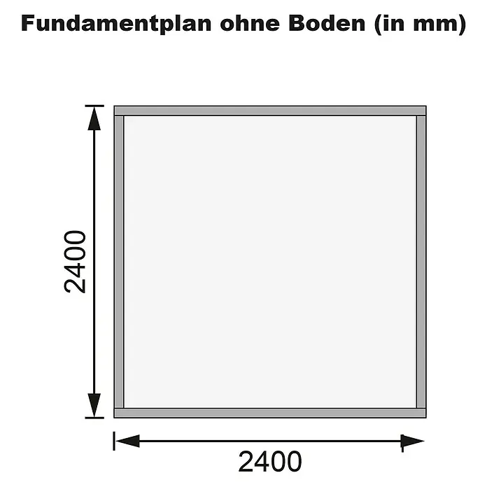 Karibu Gartenhaus Kandern 3 - Außenmaß inkl. Dachüberstand (B x T): 276 x 273 cm, Holz, Terragrau - Fundamentplan ohne Boden mit Maßen 2400 x 2400 mm. Der Plan zeigt die quadratische Form des Fundaments mit den angegebenen Abmessungen.