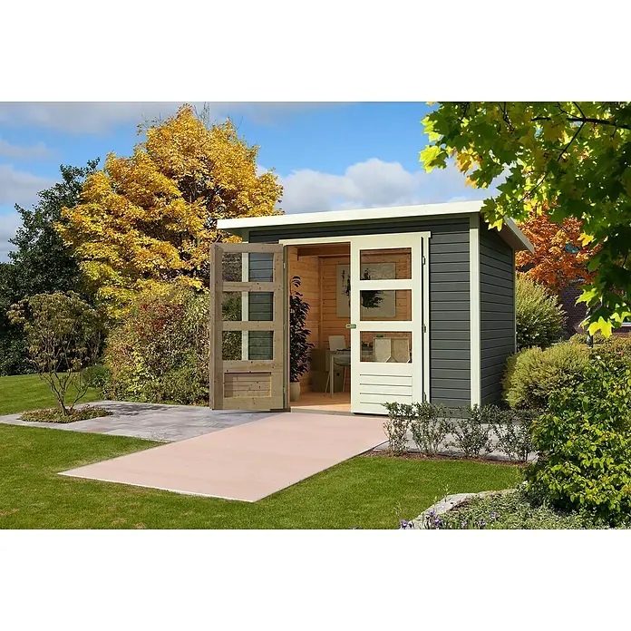 Karibu Gartenhaus Stockach 4 - Außenmaß inkl. Dachüberstand (B x T): 282 x 282 cm, Holz, Terragrau - Das Bild zeigt ein modernes Gartenhaus mit Doppeltür und großen Fensterbereichen, eingebettet in eine gepflegte Gartenlandschaft.