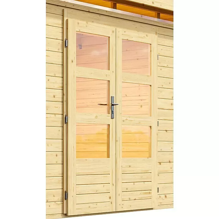 Karibu Gartenhaus Kandern 6 - Außenmaß inkl. Dachüberstand (B x T): 305 x 303 cm, Holz, Natur - Helle Holz-Doppeltür mit Glaspaneelen für Gartenhaus oder Hütte, mit Metallgriff und Scharnieren.