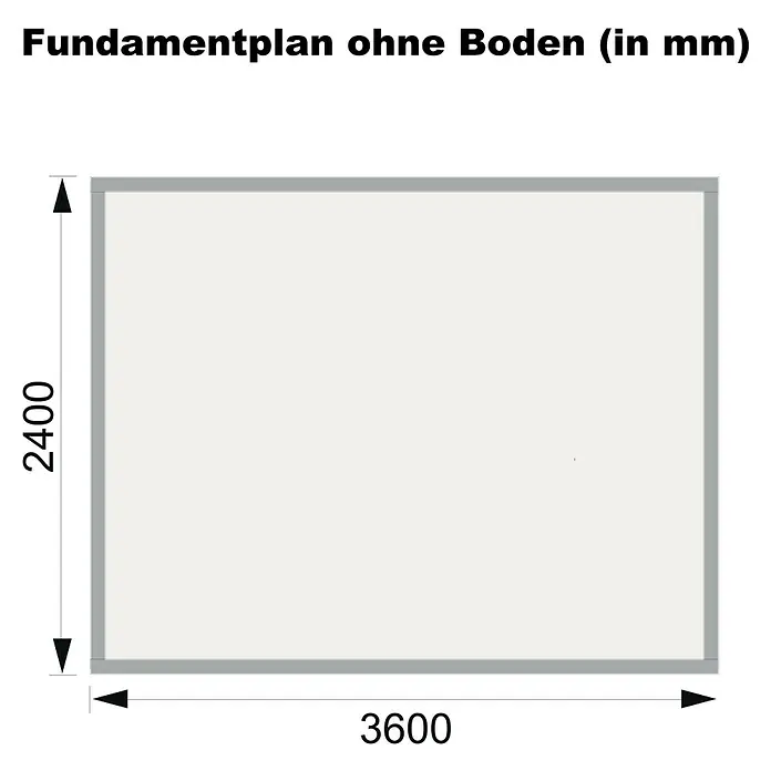Karibu Gartenhaus Kandern 7 - Außenmaß inkl. Dachüberstand (B x T): 396 x 273 cm, Holz, Natur - Fundamentplan ohne Boden (in mm) mit den Maßen 2400 x 3600 mm. Ideal für Bauplanung und Konstruktionszwecke.