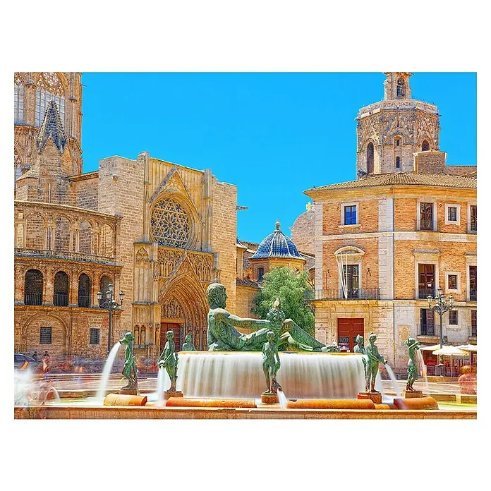 Póster Valencia Catedral - An x Al: 80 x 60 cm - Vista cautivadora de la Fuente de la Turia, la Catedral de Valencia y la torre en Valencia, España. Una impresionante muestra de arte y arquitectura.