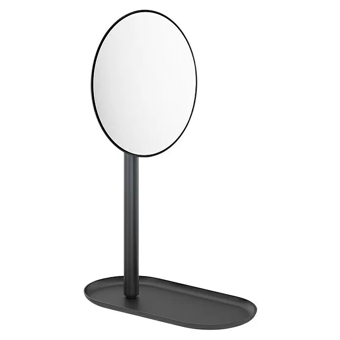 Zack Kosmetikspiegel Olomo - Durchmesser: 15 cm, Rund, Schwarz - Schwarzer Standspiegel mit rundem weißem Spiegel und ovaler Ablageschale.