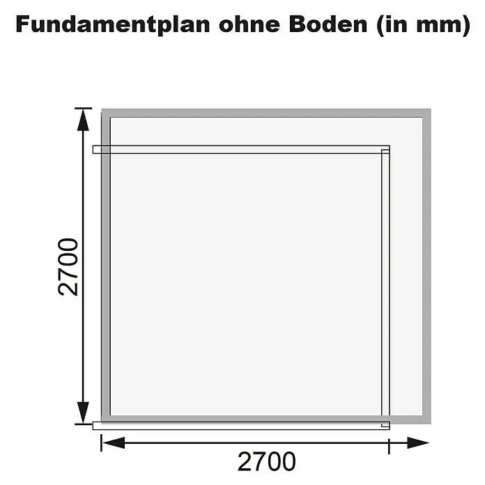Karibu Gartenhaus Kandern 6 - Außenmaß inkl. Dachüberstand (B x T): 305 x 303 cm, Holz, Terragrau - Fundamentplan ohne Boden: Technische Zeichnung mit Abmessungen 2700 x 2700 mm für die Planung Ihres Gartenhauses oder Gerätehauses.