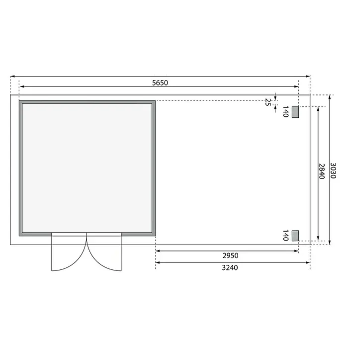 Karibu Gartenhaus Kandern 6 - Außenmaß inkl. Dachüberstand (B x T): 612 x 303 cm, Holz, Natur - Grundrisszeichnung eines Gebäudes mit Bemaßungen, die die Länge, Breite und Positionierung von Elementen zeigen.
