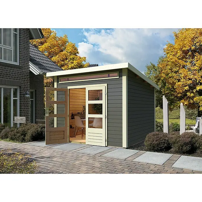 Karibu Gartenhaus Kandern 6 - Außenmaß inkl. Dachüberstand (B x T): 305 x 303 cm, Holz, Terragrau - Ein modernes Gartenhaus mit Doppeltür und Oberlicht, ideal für Hobby und Entspannung im Freien, fügt sich nahtlos in jeden Garten ein.