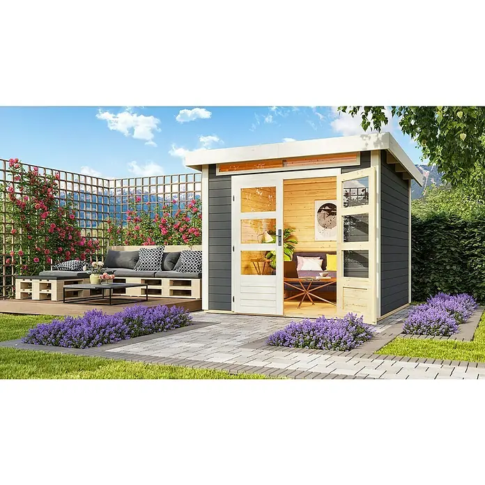 Karibu Gartenhaus Kandern 3 - Außenmaß inkl. Dachüberstand (B x T): 276 x 273 cm, Holz, Terragrau - Stilvolles Gartenhaus mit Glasfront und gemütlicher Sitzecke. Das Haus bietet einen idealen Rückzugsort im Grünen mit modernem Design.