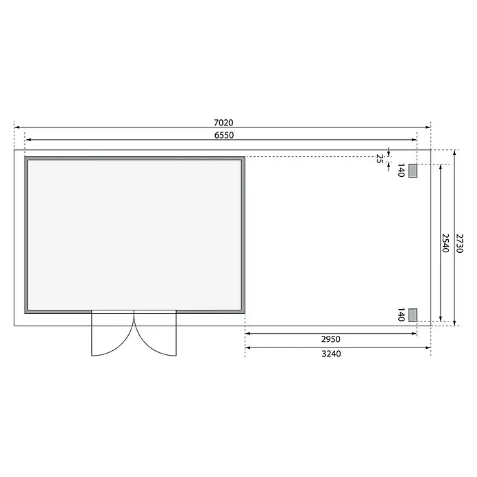 Karibu Gartenhaus Kandern 7 - Außenmaß inkl. Dachüberstand (B x T): 702 x 273 cm, Holz, Natur - Detaillierte technische Zeichnung eines Gebäudes mit Bemaßungen für Breite, Länge und Wandstärken, die für Bauplanung relevant sind.