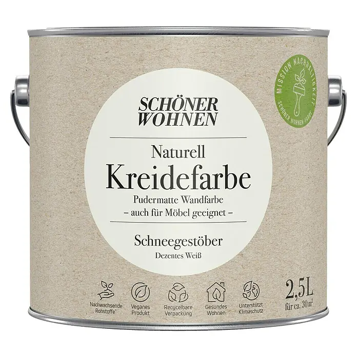 SCHÖNER WOHNEN-Farbe Naturell Wandfarbe Kreidefarbe - Schneegestöber - dezentes Weiß, Matt, 2,5 l, Konservierungsmittelfrei - Dose Schönere Wohnen Naturell Kreidefarbe Schneegestöber, eine matte Wandfarbe, die auch für Möbel geeignet ist.