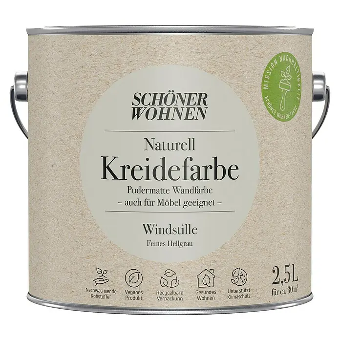 SCHÖNER WOHNEN-Farbe Naturell Wandfarbe Kreidefarbe - Windstille - feines Hellgrau, Matt, 2,5 l, Konservierungsmittelfrei - Dose Schönere Wohnen Naturell Kreidefarbe Windstille, eine pudermatte Wandfarbe, auch für Möbel geeignet, 2,5L für ca. 30 m².