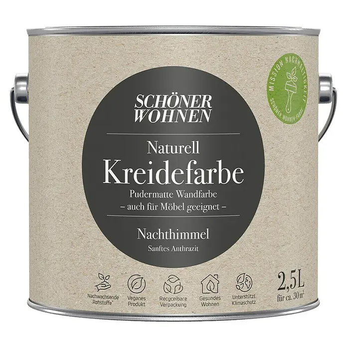 SCHÖNER WOHNEN-Farbe Naturell Wandfarbe Kreidefarbe - Nachthimmel - sanftes Anthrazit, Matt, 2,5 l, Konservierungsmittelfrei - Dose Schöner Wohnen Naturell Kreidefarbe Nachtimmel, eine pudermatte Wandfarbe, die auch für Möbel geeignet ist.