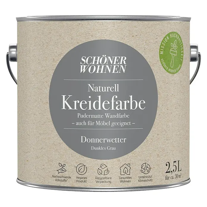 SCHÖNER WOHNEN-Farbe Naturell Wandfarbe Kreidefarbe - Donnerwetter - dunkles Grau, Matt, 2,5 l, Konservierungsmittelfrei - Dose Schönere Wohnen Naturell Kreidefarbe in Dunkelgrau, eine matte Wandfarbe, auch für Möbel geeignet, mit 2,5L Inhalt.