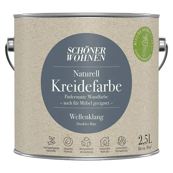 SCHÖNER WOHNEN-Farbe Naturell Wandfarbe Kreidefarbe - Wellenklang - dunkles Blau, Matt, 2,5 l, Konservierungsmittelfrei - Dose Schönere Wohnen Naturell Kreidefarbe Wellenklang Dunkles Blau, pudermatte Wandfarbe auch für Möbel geeignet.