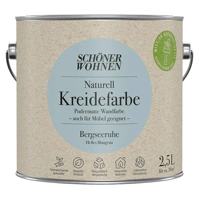 SCHÖNER WOHNEN-Farbe Naturell Wandfarbe Kreidefarbe - Bergseeruhe - helles Blaugrau, Matt, 2,5 l, Konservierungsmittelfrei - Farbdose Schöner Wohnen Naturell Kreidefarbe in Helles Blaugrau, eine pudermatte Wandfarbe auch für Möbel geeignet.