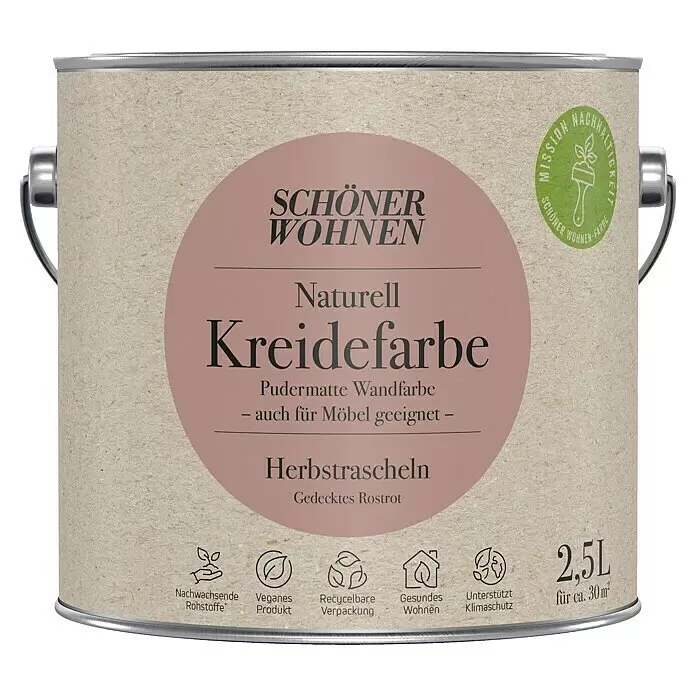 SCHÖNER WOHNEN-Farbe Naturell Wandfarbe KreidefarbeHerbstrascheln - gedecktes Rostrot, Matt, 2,5 l, Konservierungsmittelfrei