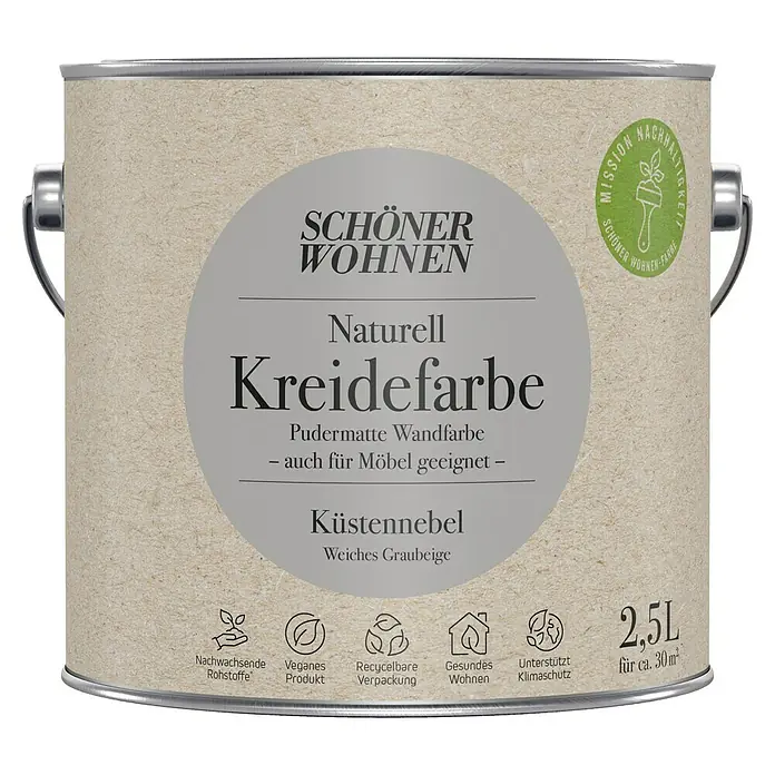 SCHÖNER WOHNEN-Farbe Naturell Wandfarbe Kreidefarbe - Küstennebel - weiches Graubeige, Matt, 2,5 l, Konservierungsmittelfrei - Dose Schöner Wohnen Naturell Kreidefarbe Küstennebel, eine pudermatte Wandfarbe, auch für Möbel geeignet, mit 2,5L Inhalt.