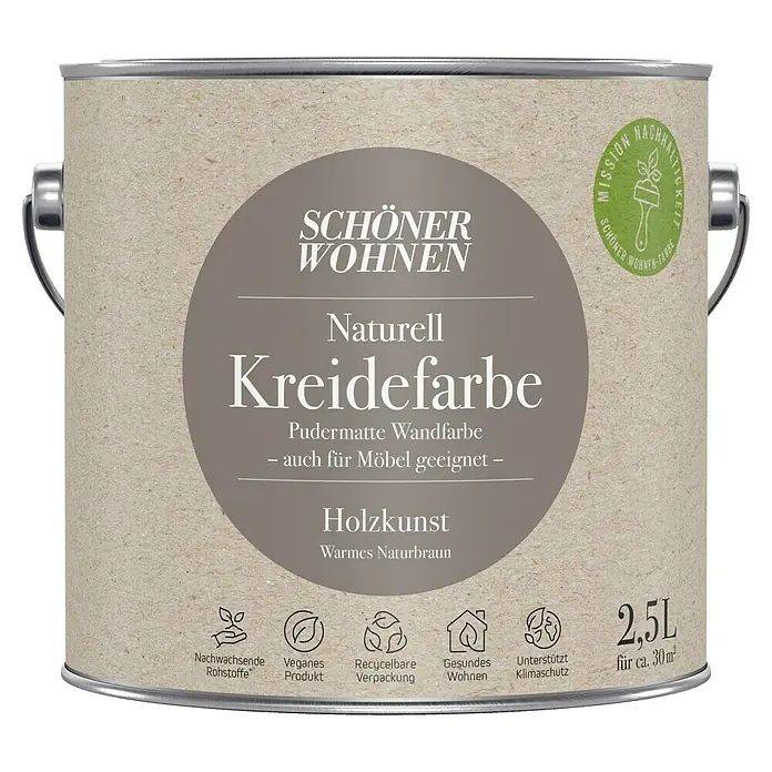 SCHÖNER WOHNEN-Farbe Naturell Wandfarbe Kreidefarbe - Holzkunst - warmes Naturbraun, Matt, 2,5 l, Konservierungsmittelfrei - Dose "Schöner Wohnen Naturell Kreidefarbe Holzkunst", eine pudermatte Wandfarbe in warmem Naturbraun, auch für Möbel geeignet, 2,5L für ca. 30m².