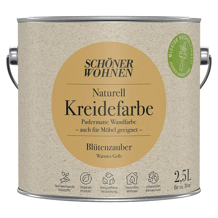 SCHÖNER WOHNEN-Farbe Naturell Wandfarbe Kreidefarbe - Blütenzauber - warmes Gelb, Matt, 2,5 l, Konservierungsmittelfrei - Farbdose "Schöner Wohnen Naturell Kreidefarbe Blütenzauber" in warmem Gelb, eine pudermatte Wandfarbe, auch für Möbel geeignet, mit 2,5L Inhalt.