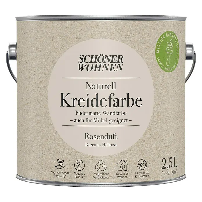 SCHÖNER WOHNEN-Farbe Naturell Wandfarbe Kreidefarbe - Rosenduft - dezentes Hellrosa, Matt, 2,5 l, Konservierungsmittelfrei - Dose Schönen Wohnen Naturell Kreidefarbe Rosenduft. Die pudermatte Wandfarbe eignet sich auch für Möbel. Inhalt: 2,5 L für ca. 30 m².