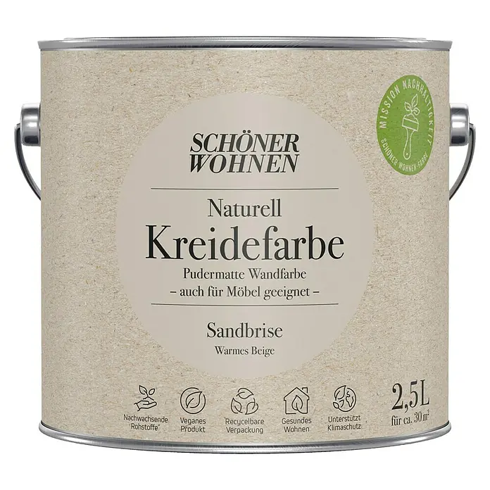 SCHÖNER WOHNEN-Farbe Naturell Wandfarbe Kreidefarbe - Sandbriese - warmes Beige, Matt, 2,5 l, Konservierungsmittelfrei - Farbdose "Schöner Wohnen Naturell Kreidefarbe Sandbrise". Matte Wandfarbe, auch für Möbel. Nachhaltiges, veganes Produkt in recyclebarer Verpackung.