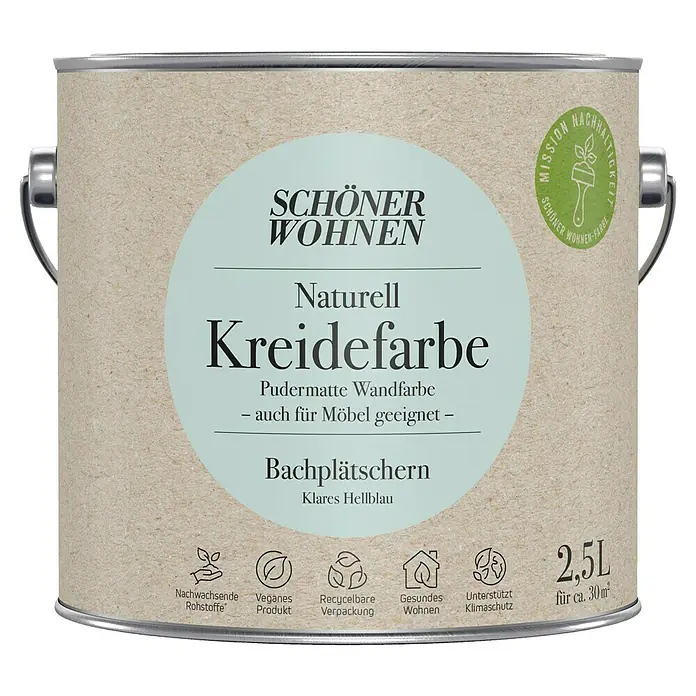 SCHÖNER WOHNEN-Farbe Naturell Wandfarbe Kreidefarbe - Bachplätschern - klares Hellblau, Matt, 2,5 l, Konservierungsmittelfrei - Farbdose „Schöner Wohnen Naturell Kreidefarbe Bachplätschern“ mit 2,5L Inhalt, geeignet für Wände und Möbel, in hellem Blau.