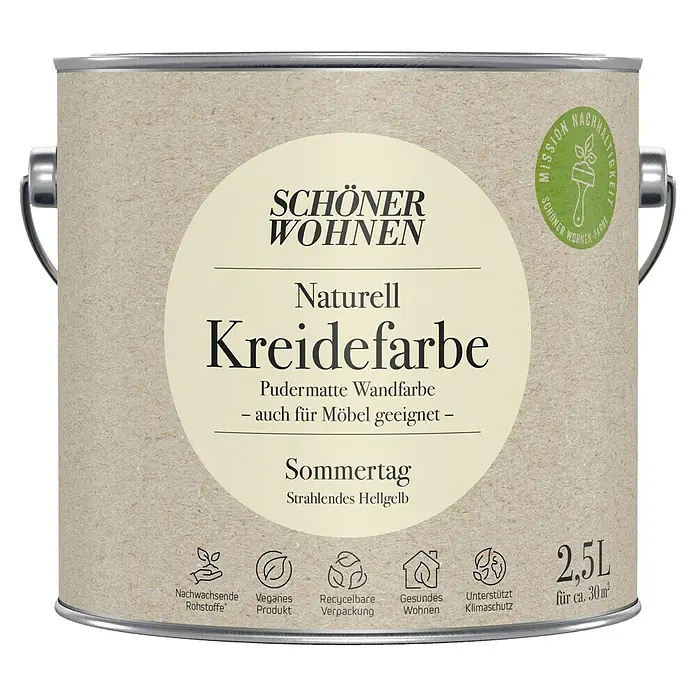SCHÖNER WOHNEN-Farbe Naturell Wandfarbe Kreidefarbe - Sommertag - strahlendes Hellgelb, Matt, 2,5 l, Konservierungsmittelfrei - Farbdose Schöner Wohnen Naturell Kreidefarbe Sommertag. Pudermatte Wandfarbe, auch für Möbel geeignet, 2,5L für ca. 30 m².