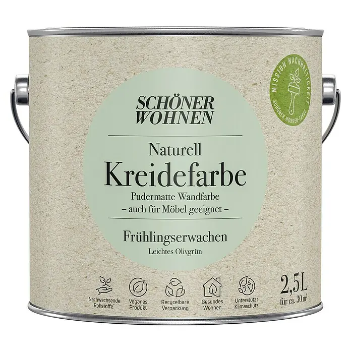 SCHÖNER WOHNEN-Farbe Naturell Wandfarbe Kreidefarbe - Frühlingserwachen - leichtes Olivgrün, Matt, 2,5 l, Konservierungsmittelfrei - Dose Schöner Wohnen Naturell Kreidefarbe im Farbton Frühlingserwachen, eine pudermatte Wandfarbe, die auch für Möbel geeignet ist.