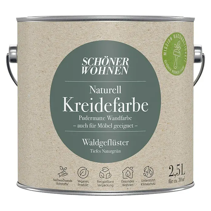 SCHÖNER WOHNEN-Farbe Naturell Wandfarbe Kreidefarbe - Waldgeflüster - tiefes Naturgrün, Matt, 2,5 l, Konservierungsmittelfrei - Farbdose "Schöner Wohnen Naturell Kreidefarbe Waldgeflüster", pudermatte Wandfarbe in tiefem Naturgrün, 2,5L für ca. 30 m².