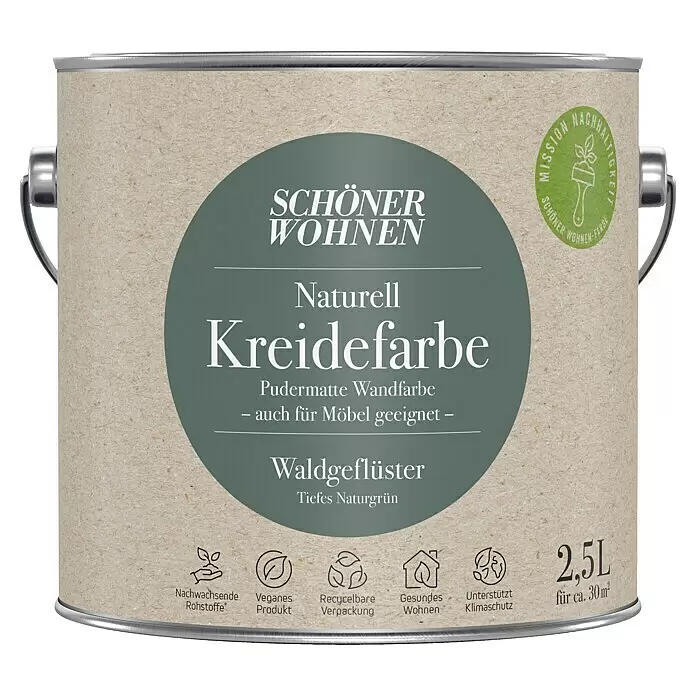 SCHÖNER WOHNEN-Farbe Naturell Wandfarbe KreidefarbeWaldgeflüster - tiefes Naturgrün, Matt, 2,5 l, Konservierungsmittelfrei
