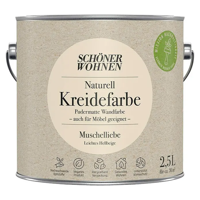 SCHÖNER WOHNEN-Farbe Naturell Wandfarbe Kreidefarbe - Muschelliebe - leichtes Hellbeige, Matt, 2,5 l, Konservierungsmittelfrei - Farbdose "Schöner Wohnen Naturell Kreidefarbe Muschelliebe". Pudermatte Wandfarbe, auch für Möbel geeignet, 2,5L für ca. 30 m².