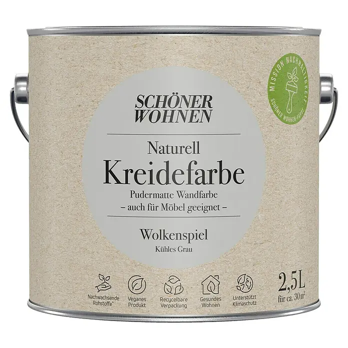 SCHÖNER WOHNEN-Farbe Naturell Wandfarbe Kreidefarbe - Wolkenspiel - kühles Grau, Matt, 2,5 l, Konservierungsmittelfrei - Dose Schön Wohnen Naturell Kreidefarbe Wolkenspiel, kühles Grau, 2,5L. Pudermatte Wandfarbe, auch für Möbel geeignet, veganes Produkt.