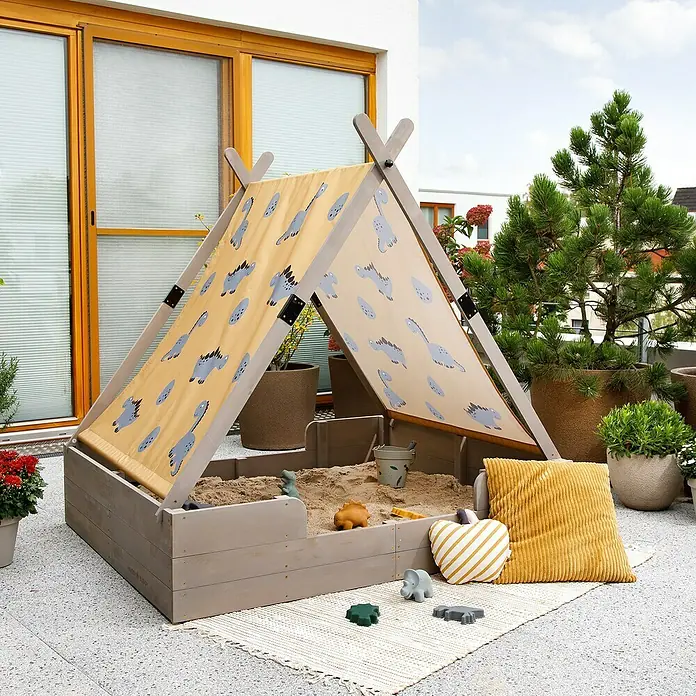 Muddy Buddy Sandkasten Dino Lover - 140 x 120 x 140 cm, Holz - Sandkasten mit Sonnenschutz und Spielzeug. Ideal für Kinder, um sicher im Garten oder auf der Terrasse zu spielen.