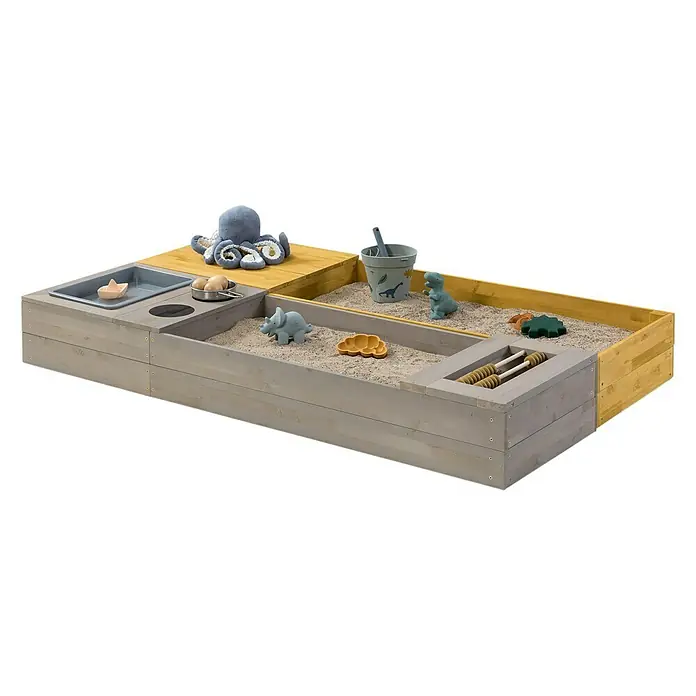 Muddy Buddy Sandkasten Flexy Style - 150 x 90 x 20 cm, Holz, Warmgrau/Ocker - Hölzerner Sandkasten für Kinder mit Spielzeug wie einen Oktopus, einen Eimer und Dinos.