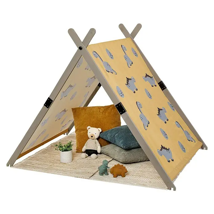 Muddy Buddy Sandkasten Dino Lover - 140 x 120 x 140 cm, Holz - Gemütliches Kinderspielzelt mit Dinosaurier-Muster, ideal zum Spielen und Entspannen. Inklusive Kissen, Teddybär und Spielzeug für zusätzlichen Komfort.