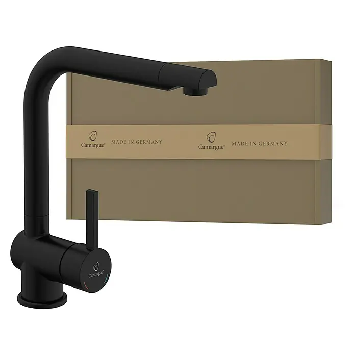 Camargue Spültischarmatur AnteaSchwarz, Matt - Schwarzer Wasserhahn der Marke Camargue, der Qualität und modernes Design vereint. Mit einer Verpackung, die seine Herkunft aus Deutschland hervorhebt.
