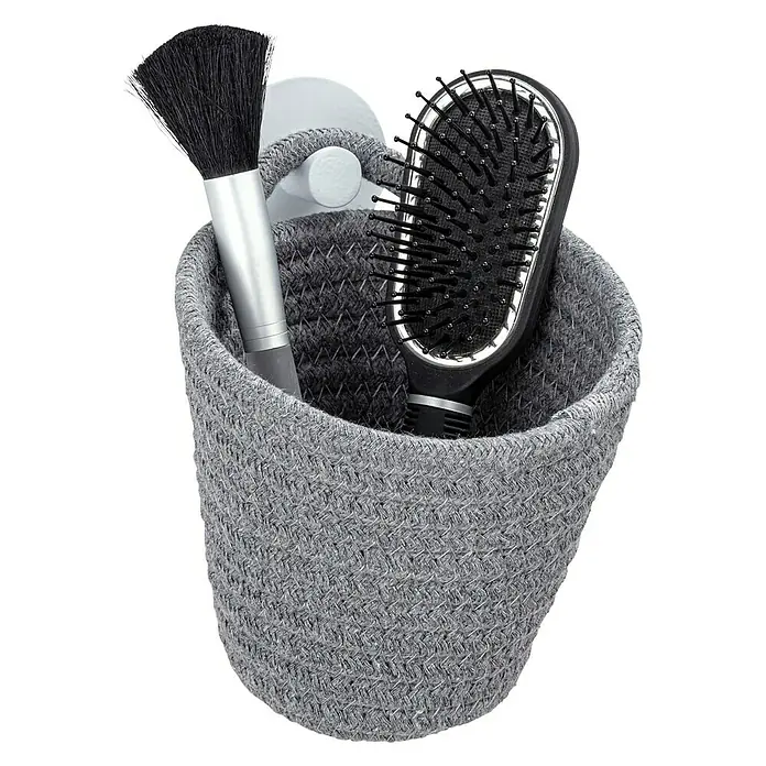 Wenko Cesto Soria - 14,5 x 12,5 x 12 cm, Poliéster, Gris - Cesta de almacenamiento con brocha y cepillo para el cabello. Organizador práctico para baño o tocador, elegante y ahorra espacio.